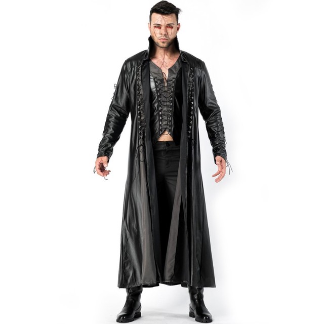 Fantasia gótica de vampiro masculina, traje de halloween de couro